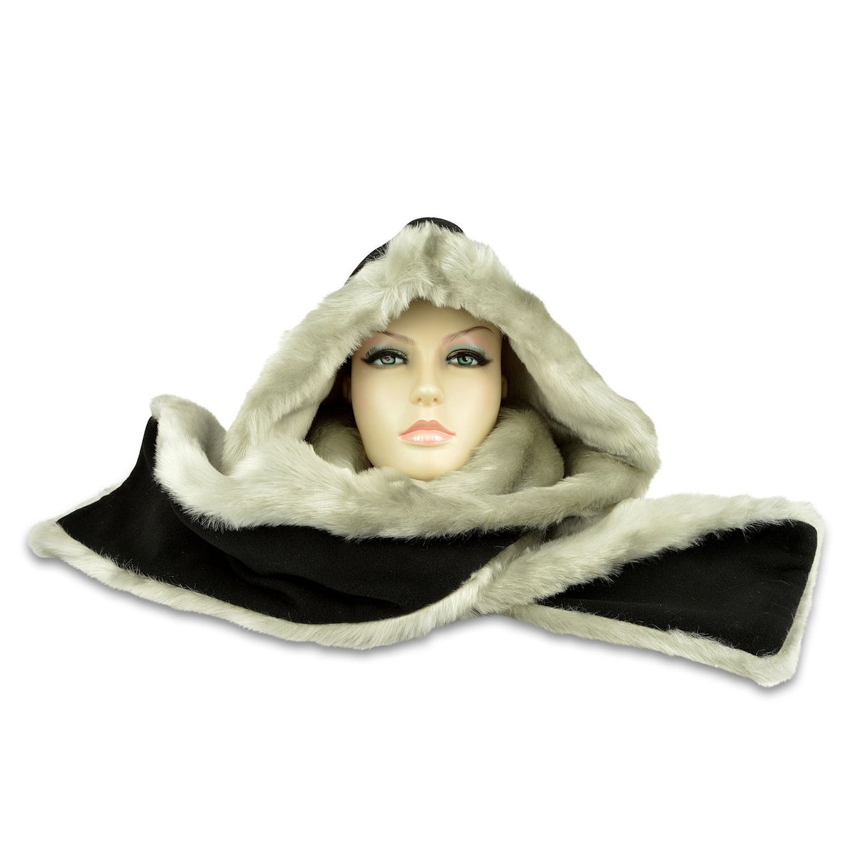 Hooded Scarf – Fleece &amp; Faux Fur - Black Fleece / Silver Fur